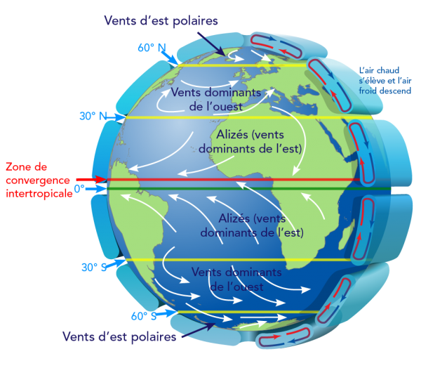 Vents dominants et leur direction à la surface de la Terre
