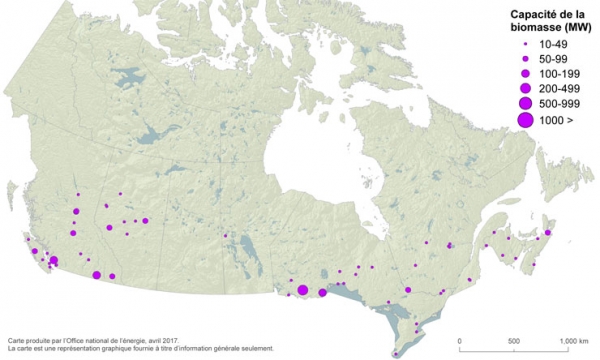 Carte des centrales alimentées à la biomasse au Canada