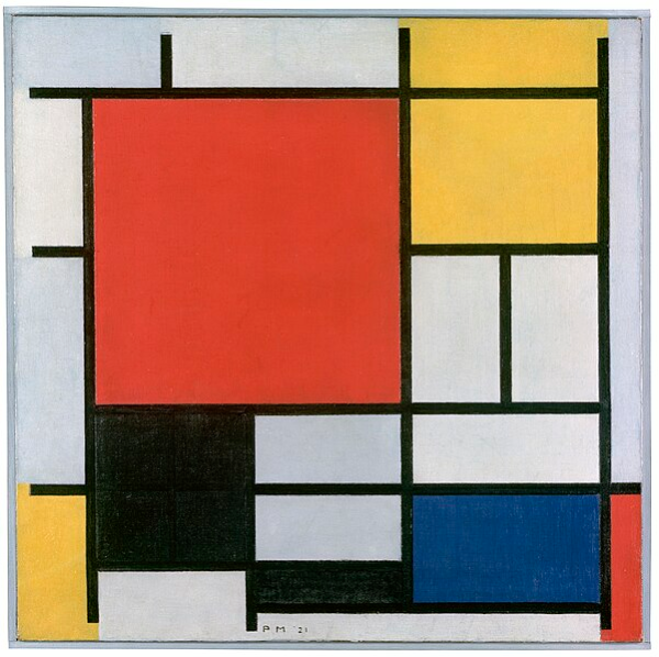 Shown is a colour photograph of a painting with different coloured squares and rectangles divided by black lines.