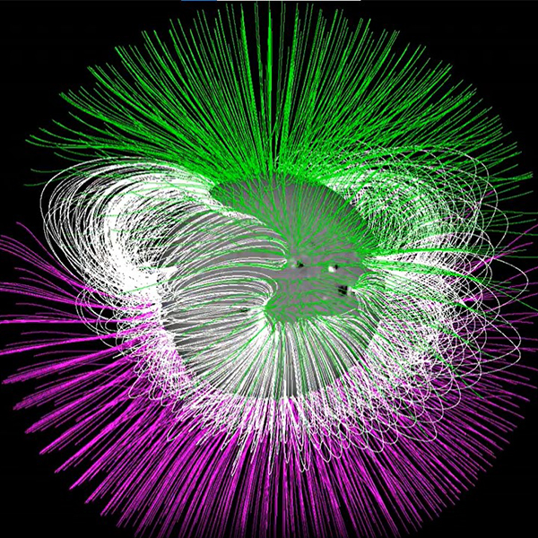 Shown is a colour animation of white, purple and green lines moving rapidly around a grey sphere.