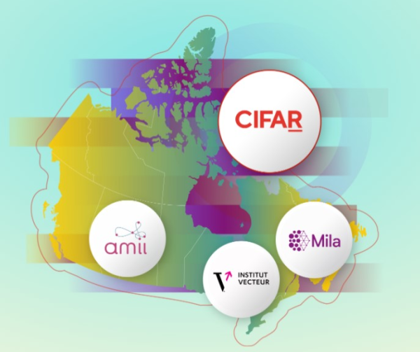 Voici une carte en couleur du Canada sur laquelle se trouvent quatre logos dans des cercles blancs.